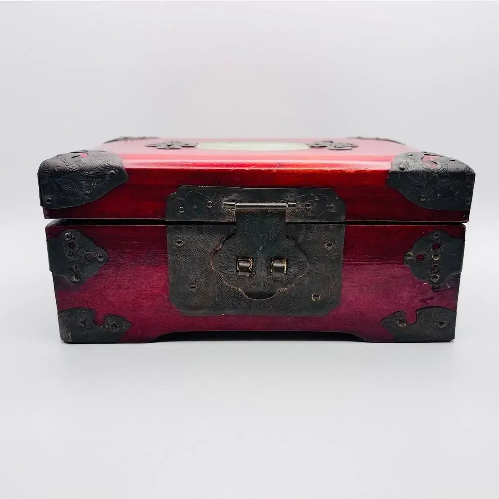 Chinese Hangzhou Wood Jewelry Box Carved Green Stone Metal Hardware